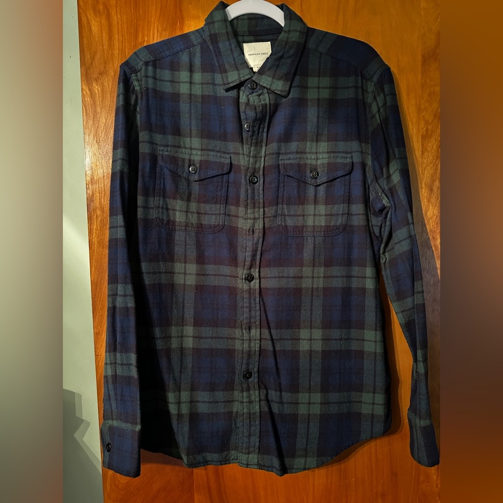 American Eagle Outfitters Navy and Olive Plaid Shirt
